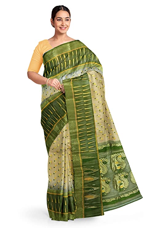 Pradip Fabrics Ethnic Women's All over Tant Jamdani Green and White and Yellow Color Saree