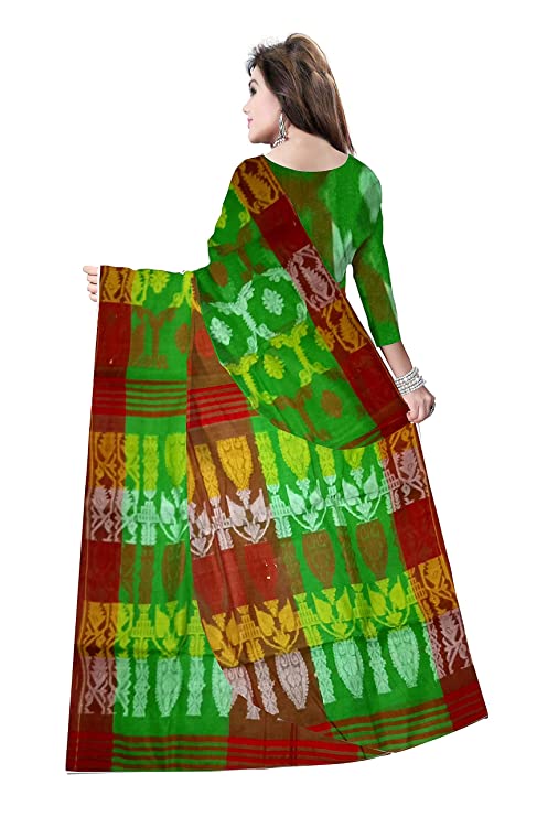 Pradip Fabrics Woven Tant Cotton All Over Dhakai Jamdani Green and Red Saree