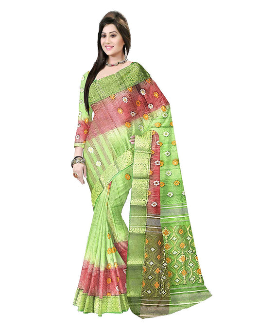 Pradip Fabrics Ethnic Women's Tant Silk Soft Green and Red Color Saree