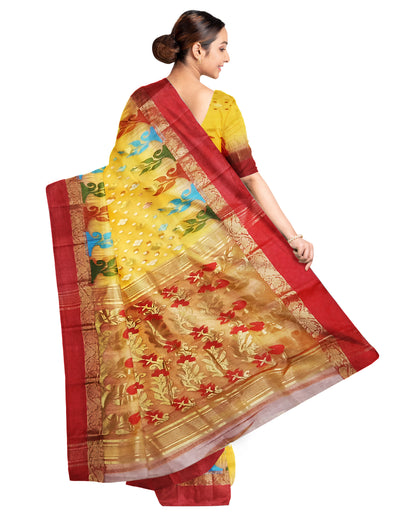 Pradip Fabrics Ethnic Women's Tant Silk Yellow Body and Red Par Saree