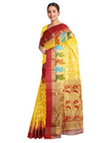Pradip Fabrics Ethnic Women's Tant Silk Yellow Body and Red Par Saree