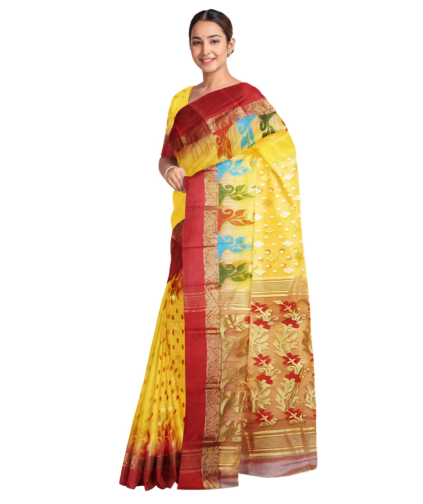 Pradip Fabrics Ethnic Women's Tant Silk Yellow Body and Red Par Saree