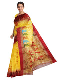 Pradip Fabrics Ethnic Women's Tant Silk Yellow Body and Red Par Saree