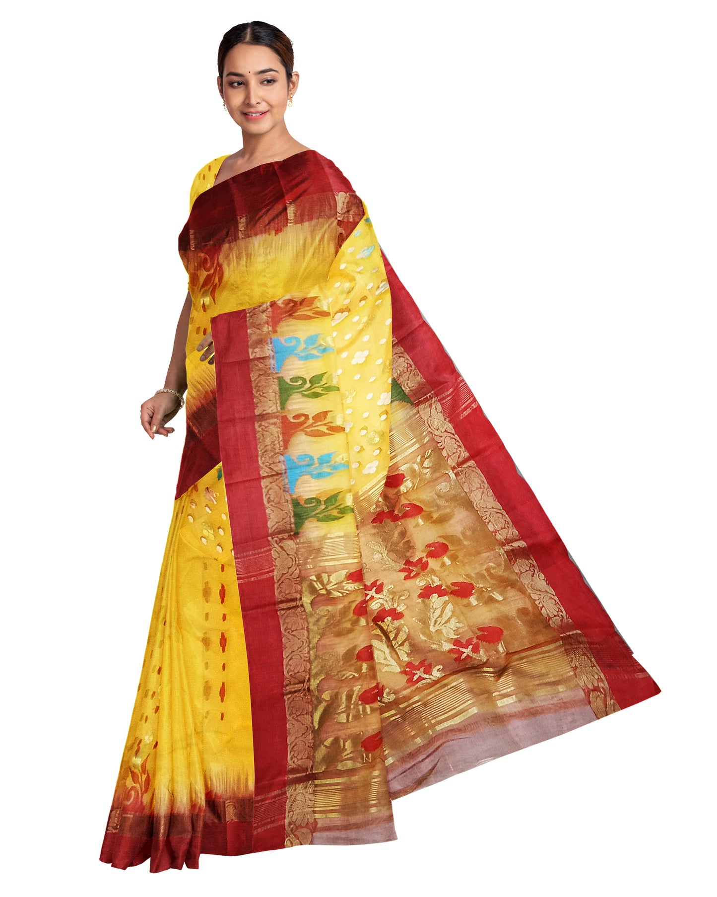 Pradip Fabrics Ethnic Women's Tant Silk Yellow Body and Red Par Saree