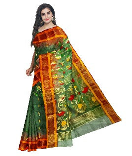 Pradip Fabrics Ethnic Women's Tant Silk Benarasi Dark Green Color Saree