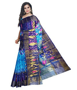 Pradip Fabrics Ethnic Women's Tant Silk Blue and Aqua Color Saree