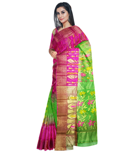 Pradip Fabrics Ethnic Women's Tant Tussar Silk Green and Pink Color Saree