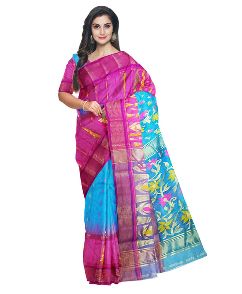 Pradip Fabrics Ethnic Women's Tant Tussar Silk Aqua and Pink Color Saree