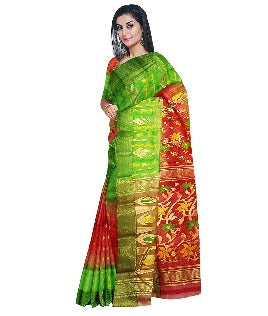 Pradip Fabrics Ethnic Women's Tant Silk Green and Red Color Benarasi Saree