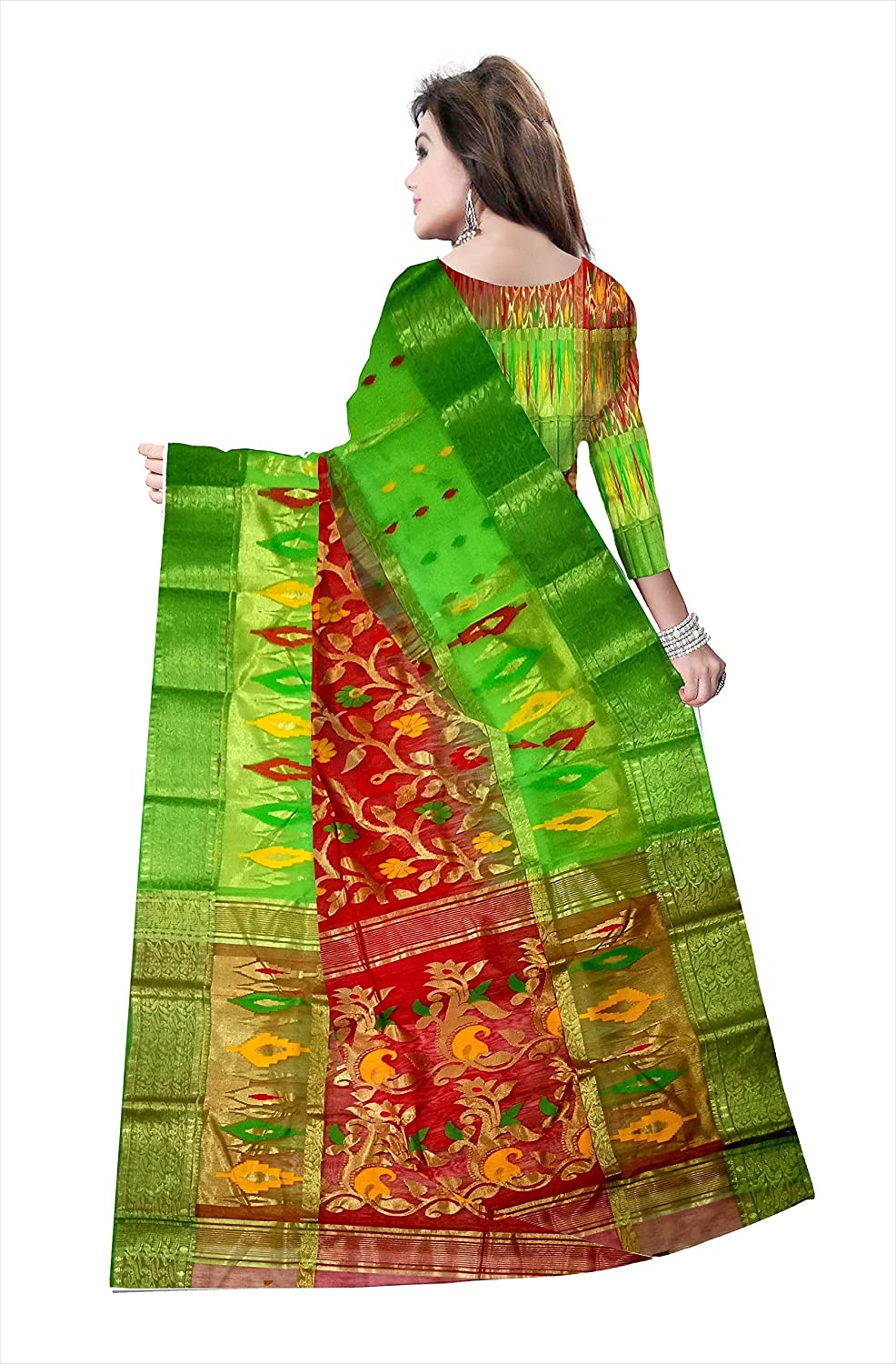Pradip Fabrics Ethnic Women's Tant Silk Benarasi Red and Green Color Saree