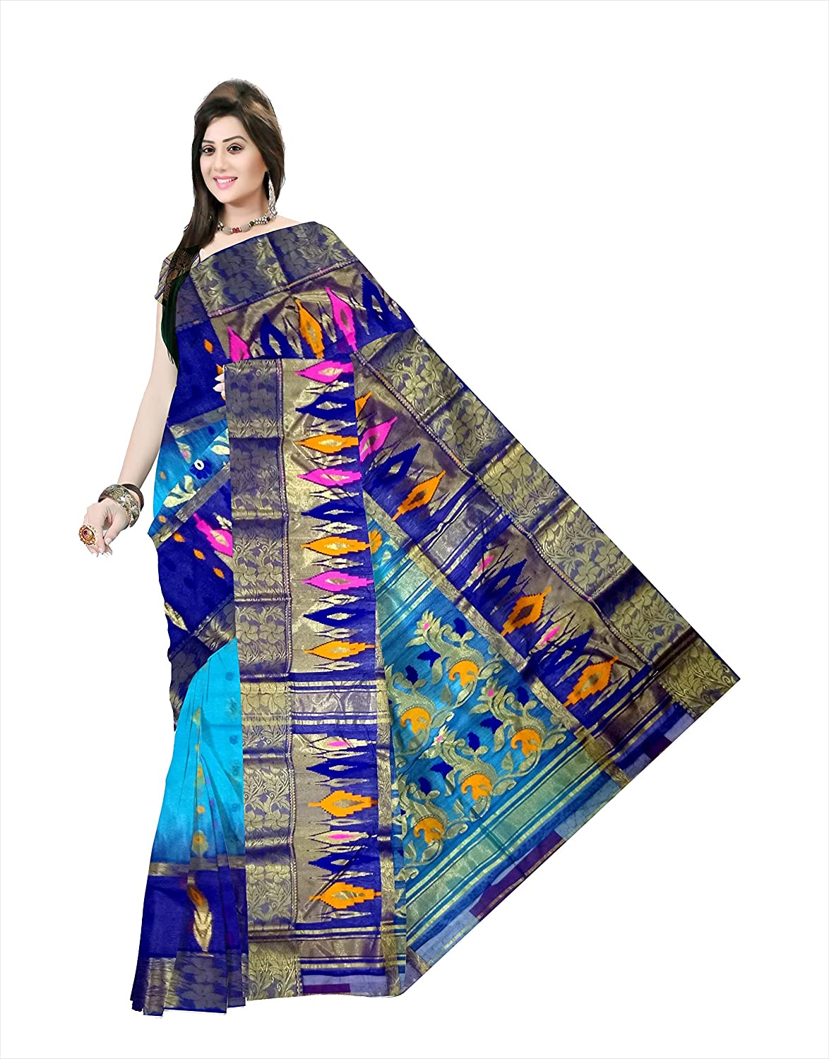 Pradip Fabrics Ethnic Women's Tant Silk Blue and Aqua Color Saree