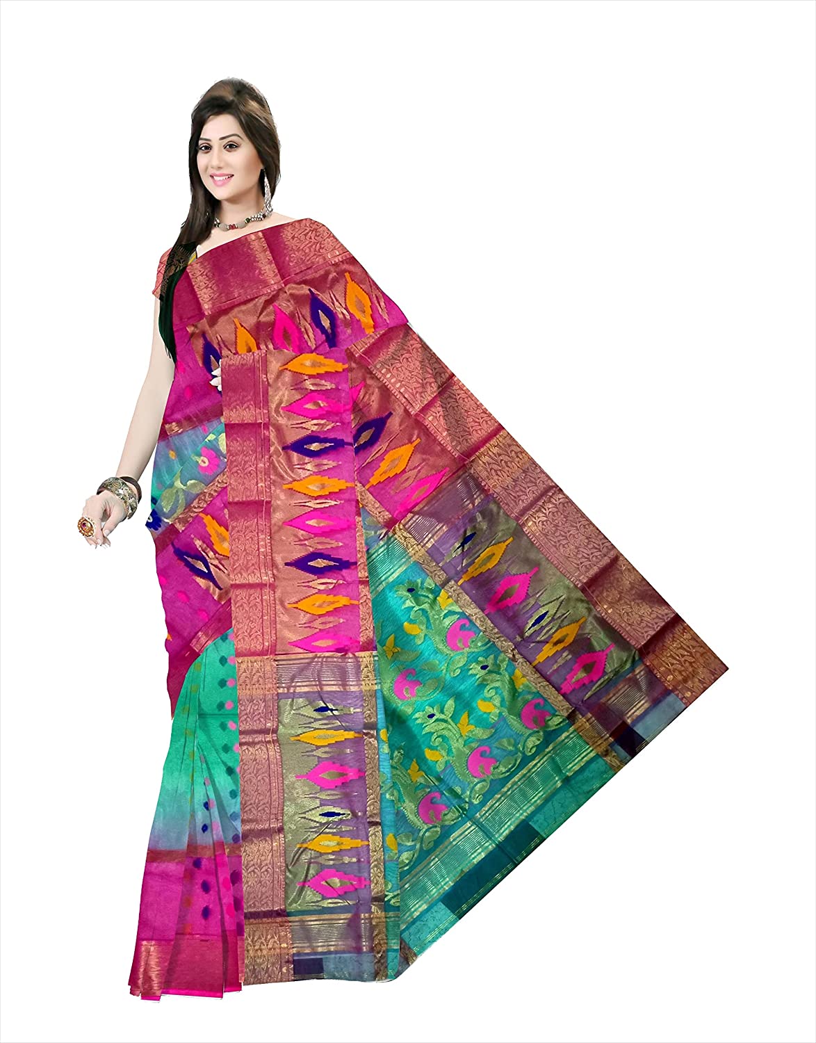 Pradip Fabrics Ethnic Women's Tant Silk Benarasi Pink and Sea Green Color Saree