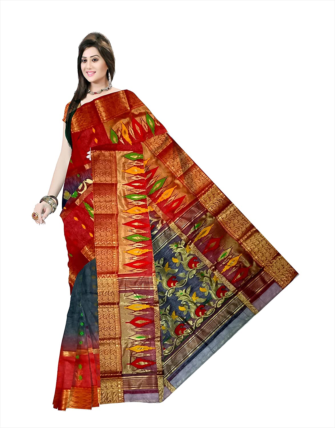 Pradip Fabrics Ethnic Women's Tant Silk Benarasi Red and Black Color Saree