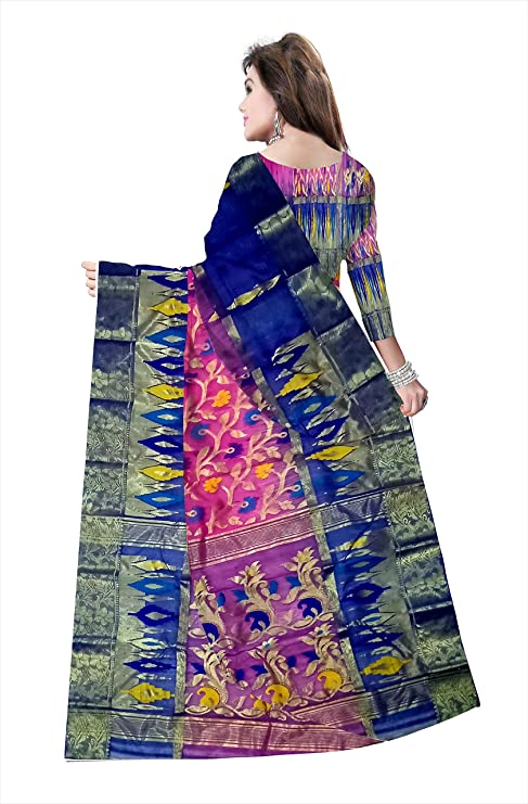 Pradip Fabrics Ethnic Women's Tant Silk Benarasi Blue and Pink Color Saree