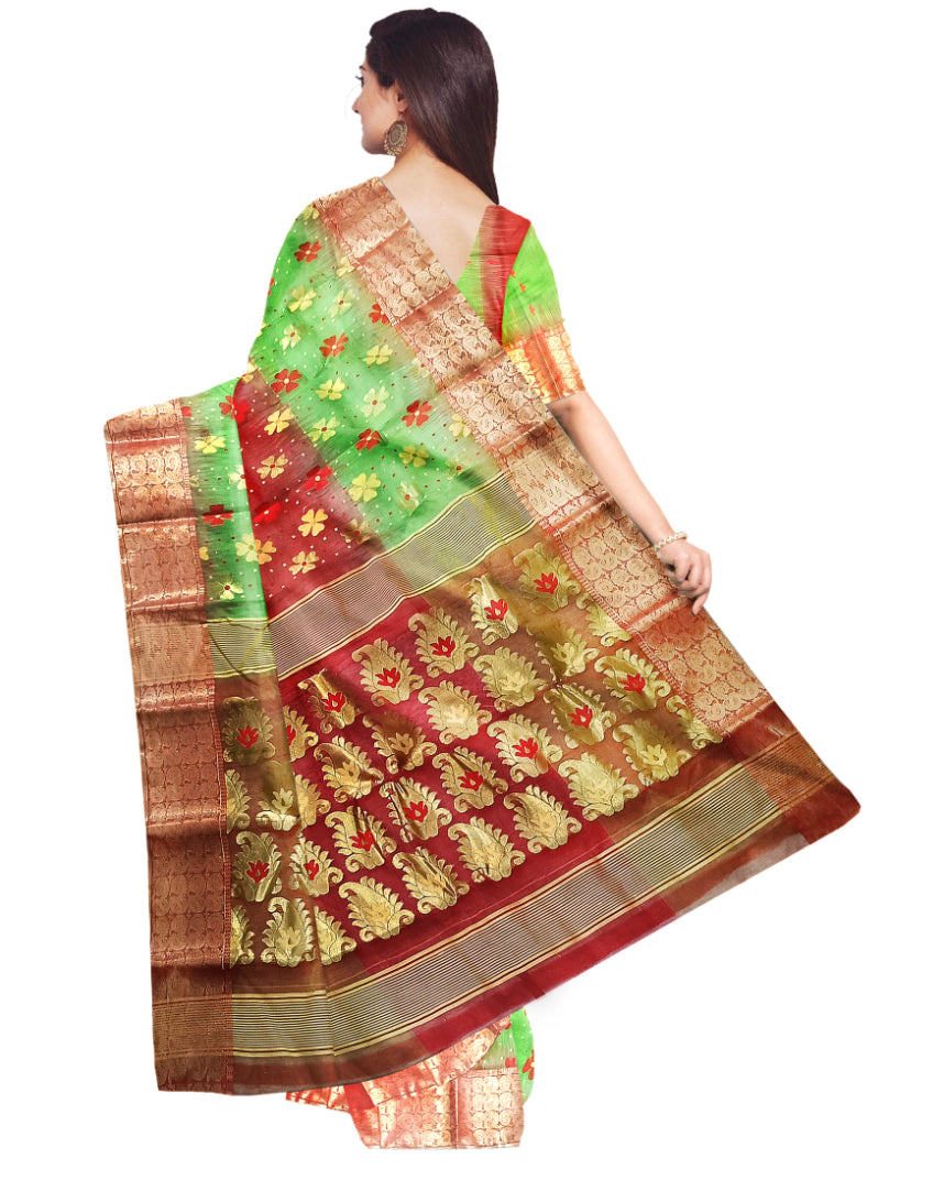 Pradip Fabrics Ethnic Women's Tant Silk Red and Soft Green Color Saree