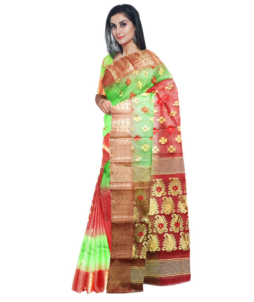 Pradip Fabrics Ethnic Women's Tant Silk Red and Soft Green Color Saree