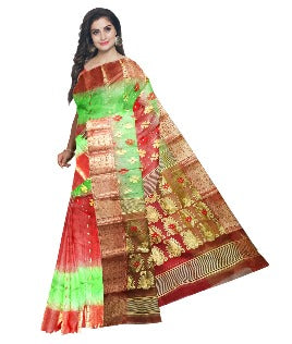 Pradip Fabrics Ethnic Women's Tant Silk Red and Soft Green Color Saree