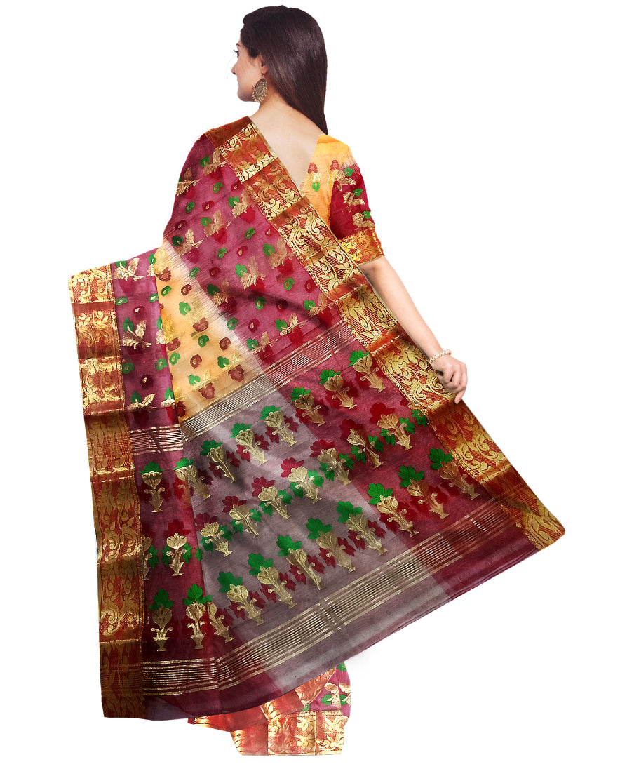 Pradip Fabrics Ethnic Women's Tant Tussar Silk Peach and Maroon Color Saree