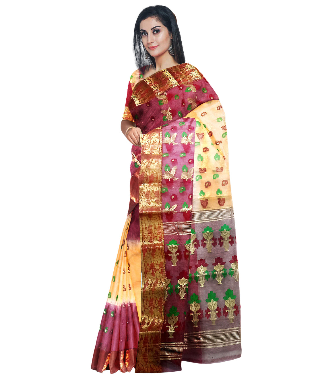 Pradip Fabrics Ethnic Women's Tant Tussar Silk Peach and Maroon Color Saree