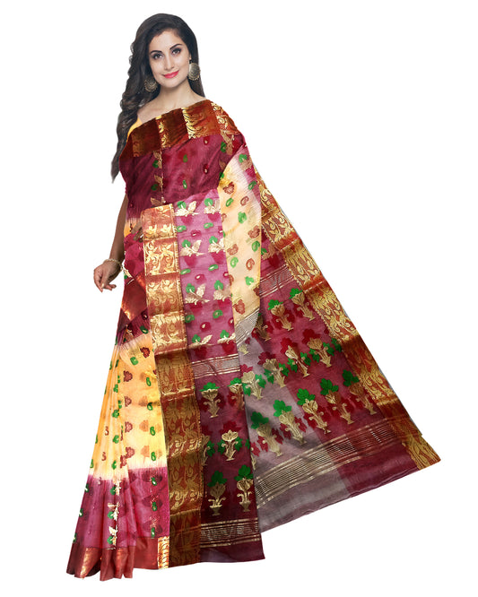 Pradip Fabrics Ethnic Women's Tant Tussar Silk Peach and Maroon Color Saree