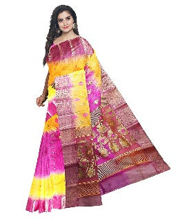 Pradip Fabrics Ethnic Women's Tant Silk Pink and Yellow Color Baluchuri Saree