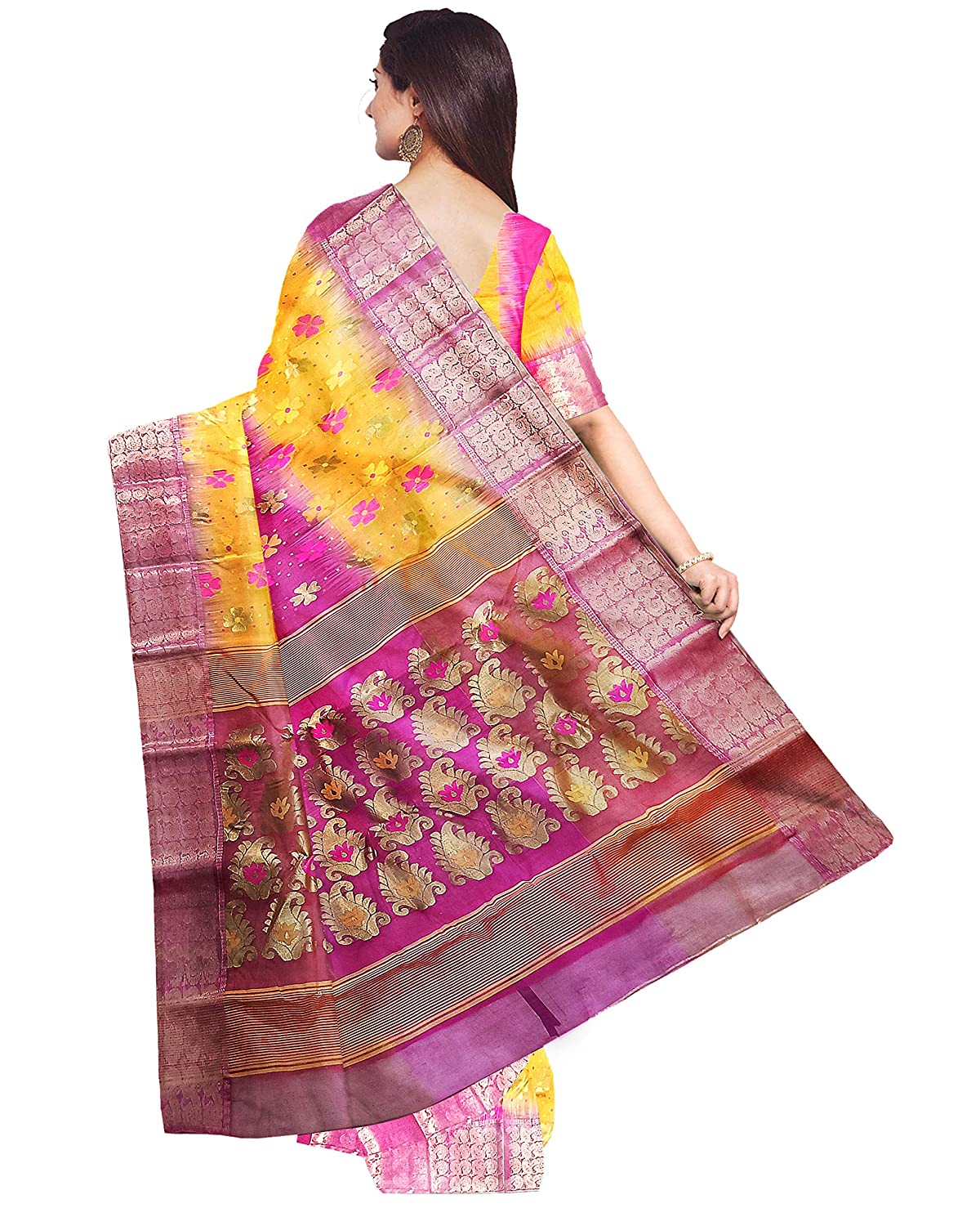 Pradip Fabrics Ethnic Women's Tant Silk Pink and Yellow Color Baluchuri Saree