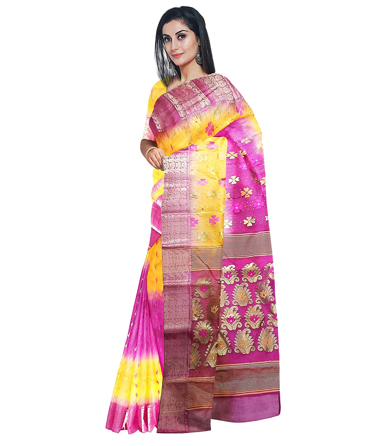 Pradip Fabrics Ethnic Women's Tant Silk Pink and Yellow Color Baluchuri Saree