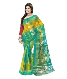 Pradip Fabrics Ethnic Women's Tant Silk Light Green and Yellow Color Saree