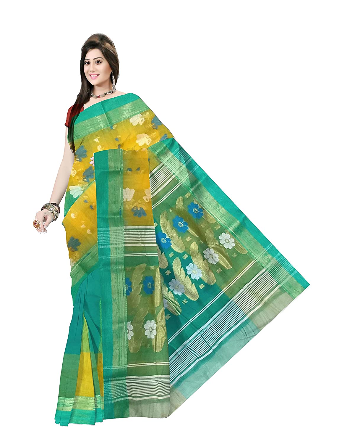 Pradip Fabrics Ethnic Women's Tant Silk Light Green and Yellow Color Saree