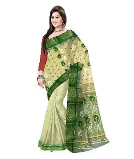 Pradip Fabrics Ethnic Women's Tant Silk White and Green Color Saree
