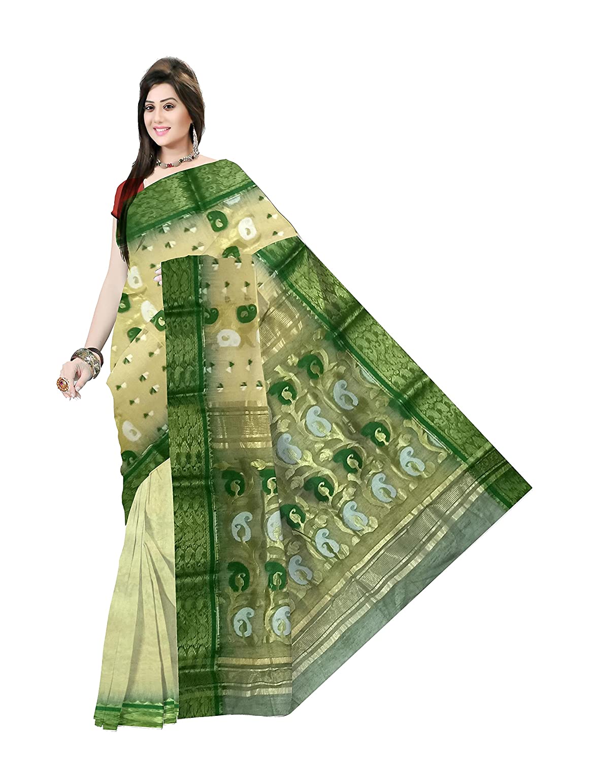 Pradip Fabrics Ethnic Women's Tant Silk White and Green Color Saree