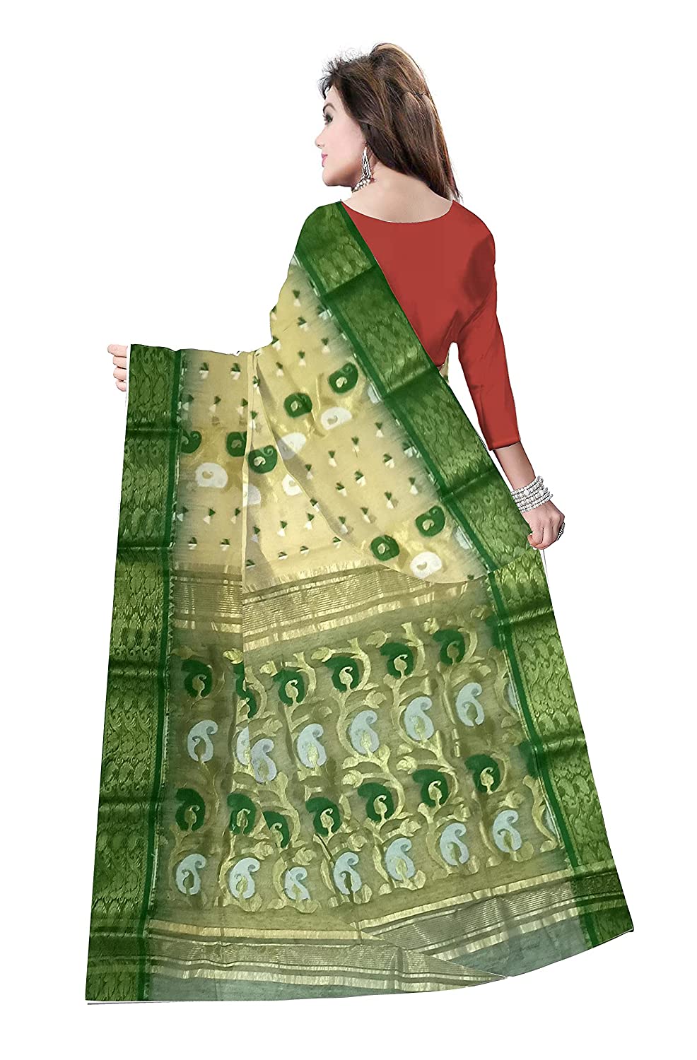 Pradip Fabrics Ethnic Women's Tant Silk White and Green Color Saree