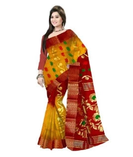 Pradip Fabrics Ethnic Women's Tant Silk Red and Yellow Color Saree