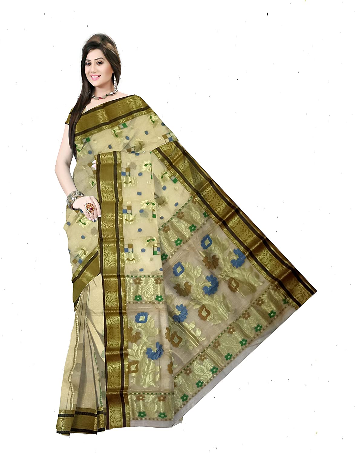 Pradip Fabrics Woven Pure Tant Tussar Silk Cream & Green Color Saree
