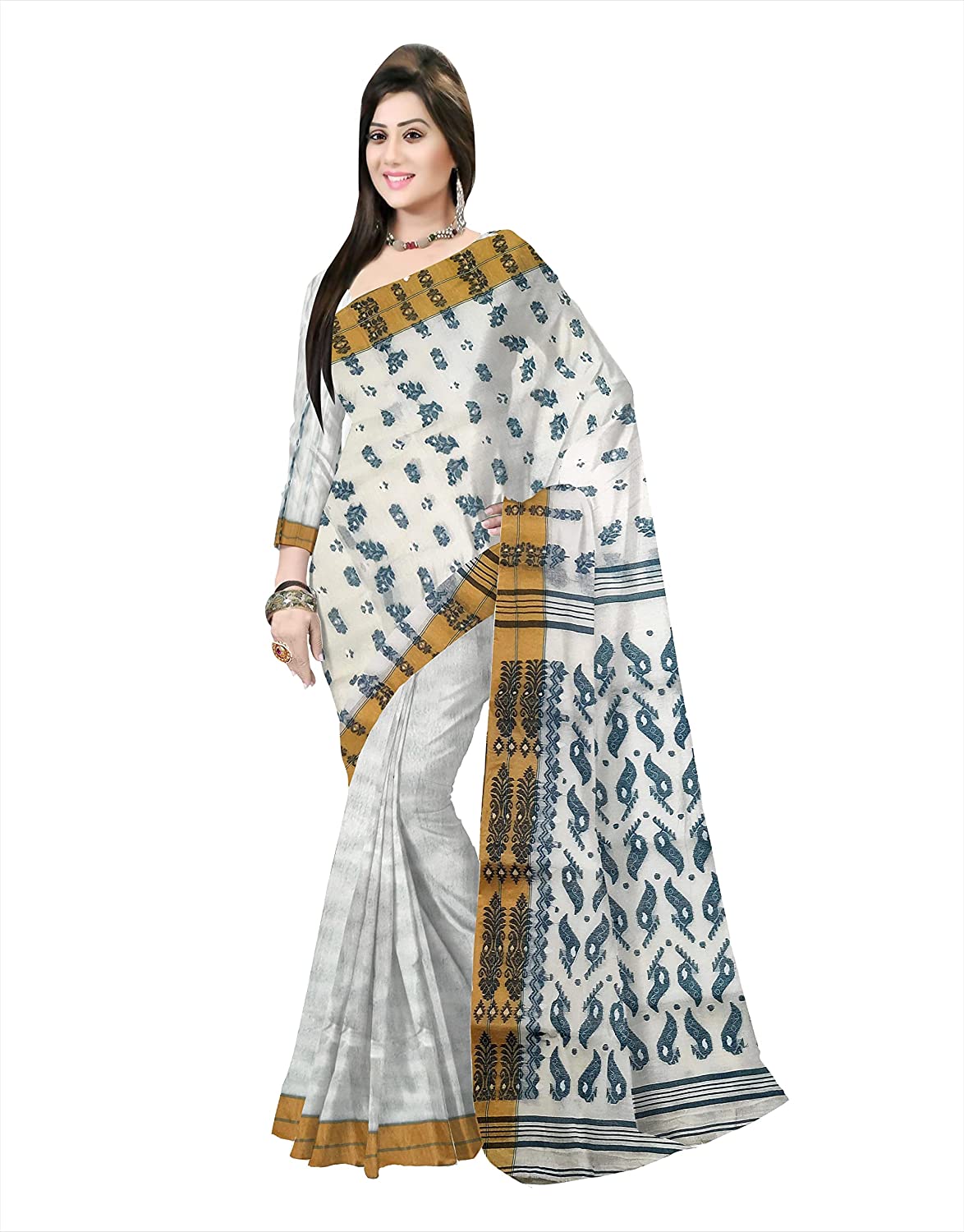 Pradip Fabrics Ethnic Women's Cotton Tant Baluchari White Color Saree