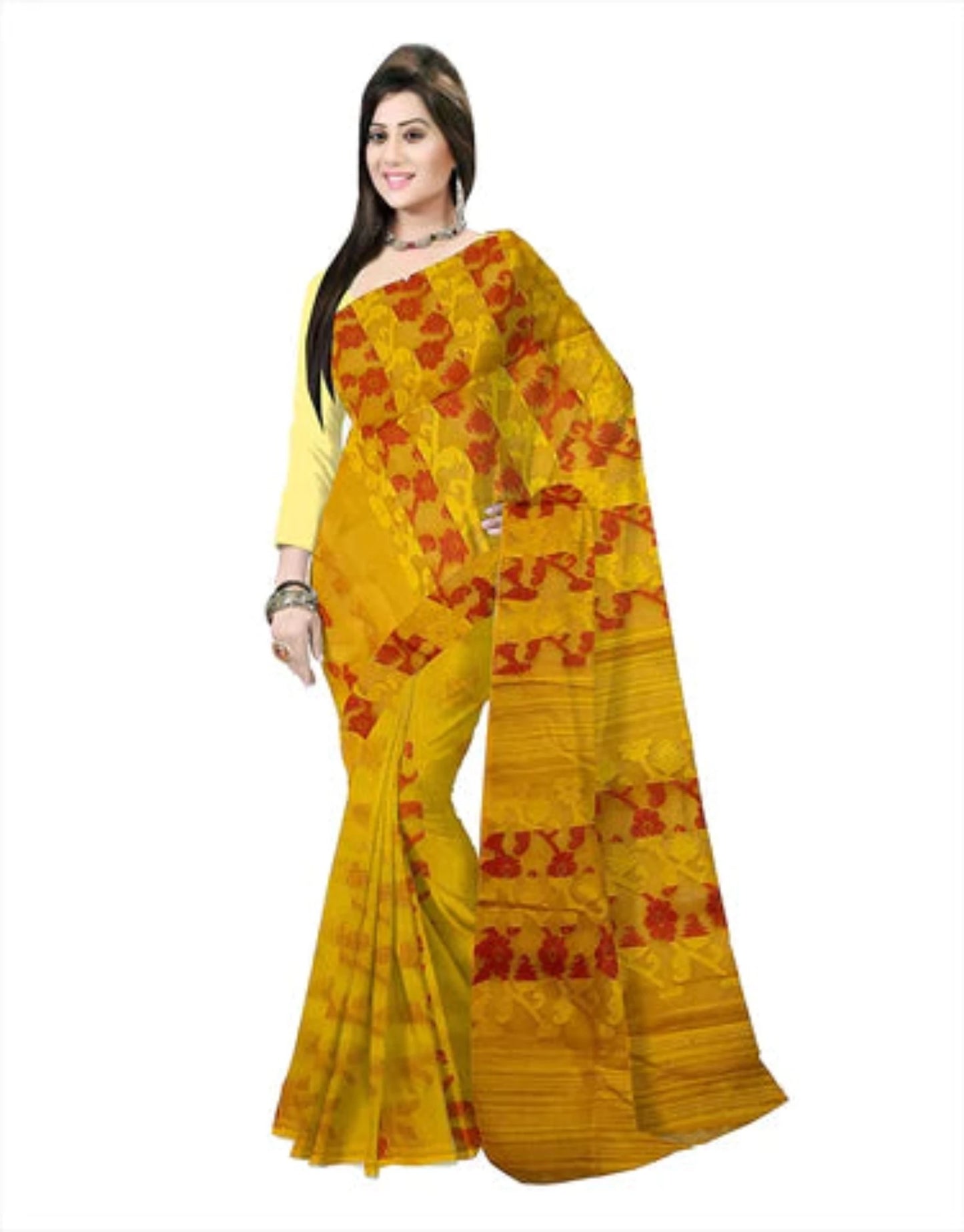 Pradip Fabrics Ethnic Women's Tant jmdani Yellow Color Saree