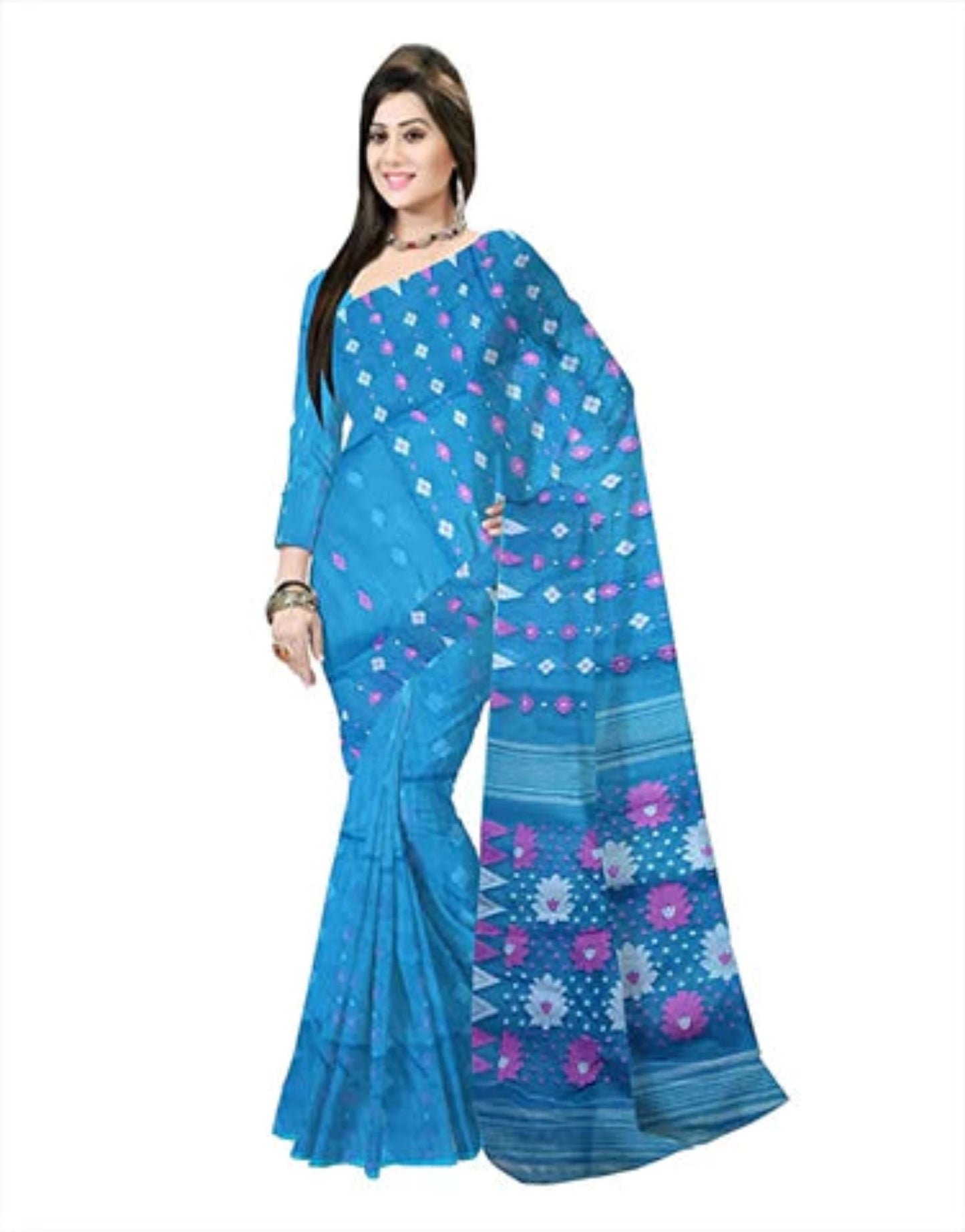 Pradip Fabrics Ethnic Women's Tant jamdani Aqua Color Saree