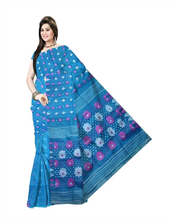 Pradip Fabrics Ethnic Women's Tant jamdani Aqua Color Saree