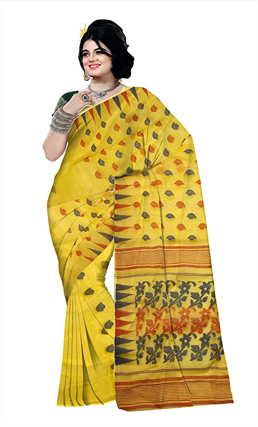 Pradip Fabrics Ethnic Women's Tant Jamdani Yellow Mina Border Color Saree
