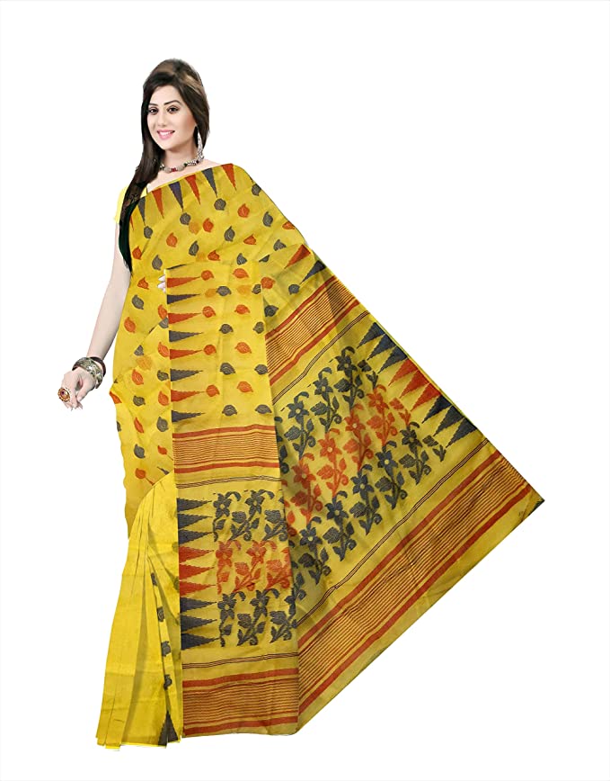 Pradip Fabrics Ethnic Women's Tant Jamdani Yellow Mina Border Color Saree