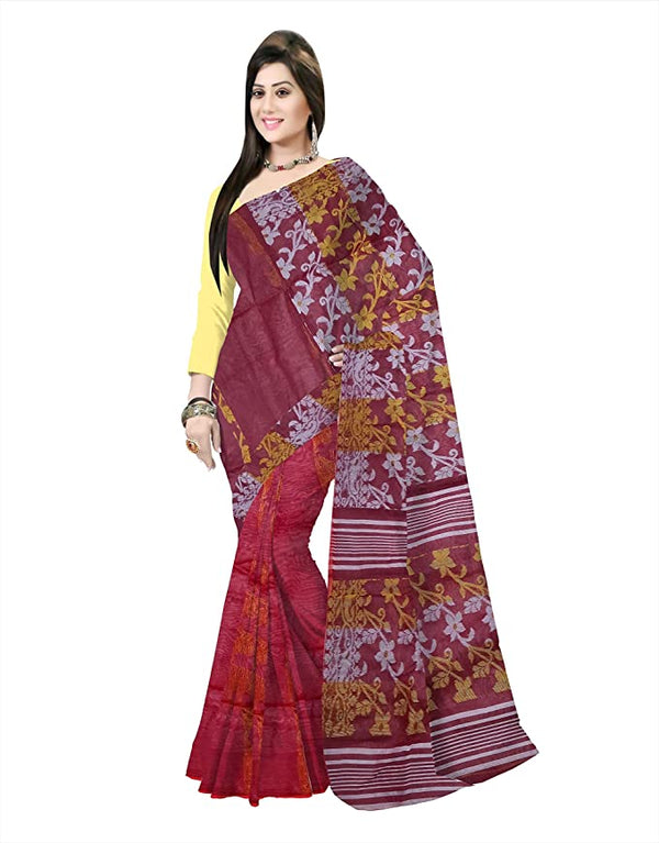 Pradip Fabrics Ethnic Women's Tant Jamdani Maroon Color Saree