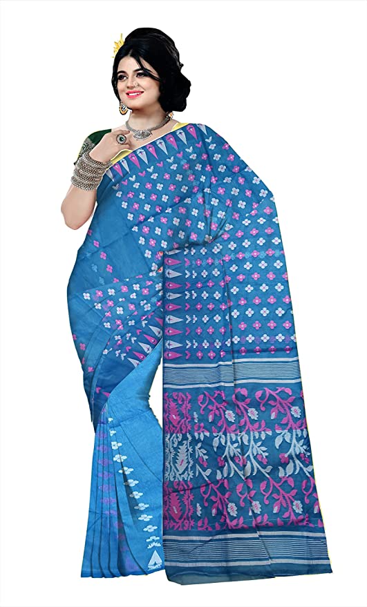 Pradip Fabrics Ethnic Women's Tant Jamdani Aqua Color Saree