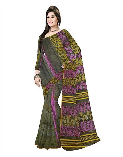 Pradip Fabrics Ethnic Women's Jamdani Dark Green Color Saree