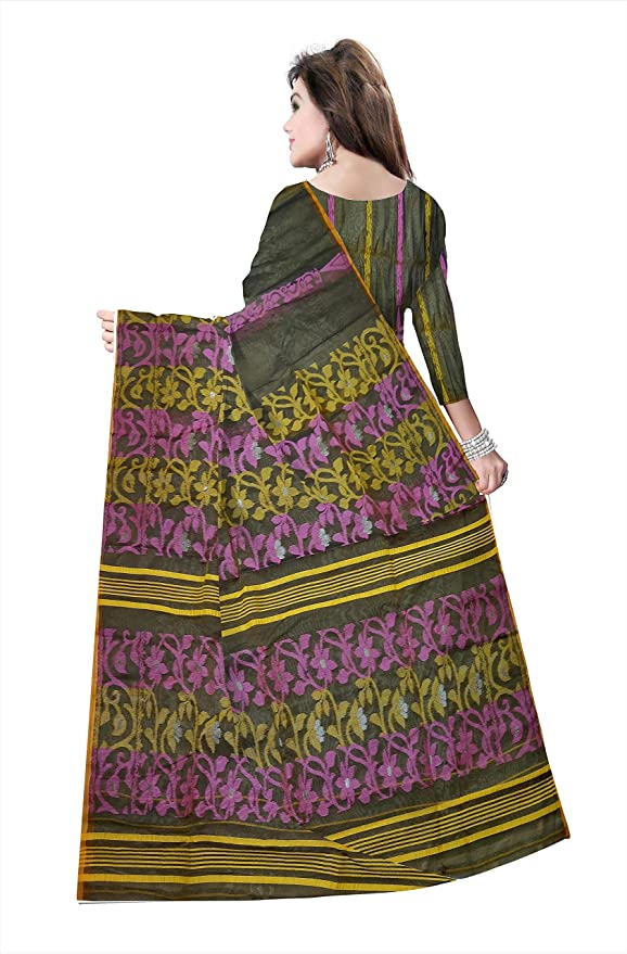 Pradip Fabrics Ethnic Women's Jamdani Dark Green Color Saree