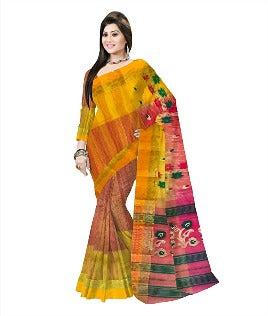 Pradip Fabrics Ethnic Women's Tant Silk Red and Yellow Color Saree