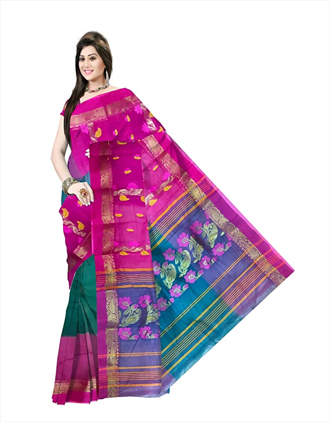 Pradip Fabrics Ethnic Women's Tant Silk Pink and Teal Color Saree