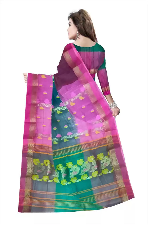 Pradip Fabrics Ethnic Women's Tant Silk Pink and Teal Color Saree