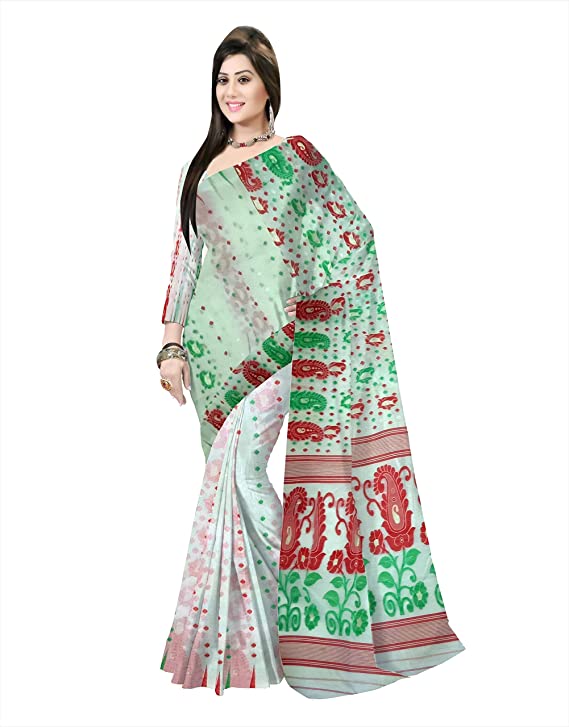 Pradip Fabrics Ethnic Women's All Over Dkakai Jamdani Tant Silk Soft Green Color Color Saree