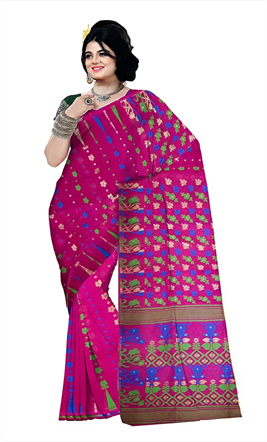 Pradip Fabrics Ethnic Women's All Over Dhakai Jamdani Tant Silk Dark Pink Color Saree