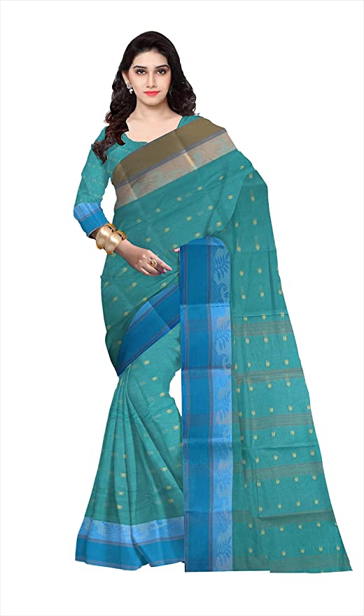 Pradip Fabrics Ethnic Women's Tant Cotton Sea Green Color Saree